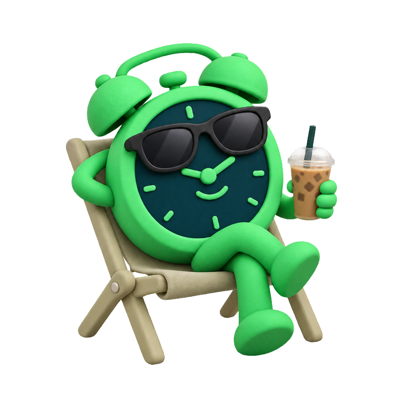 A cheerful green alarm clock relaxing in a beach chair with an iced coffee
