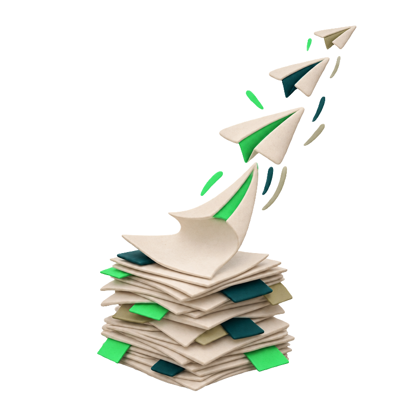 A stack of paperwork folding itself into paper planes and flying away